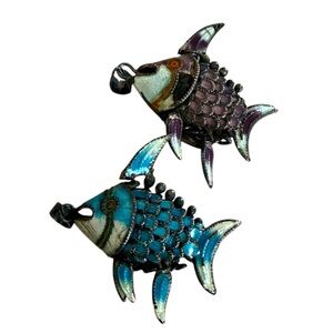 Sterling silver fish enamel Art Deco Articulated Blue Fish lot 2 pendant charm